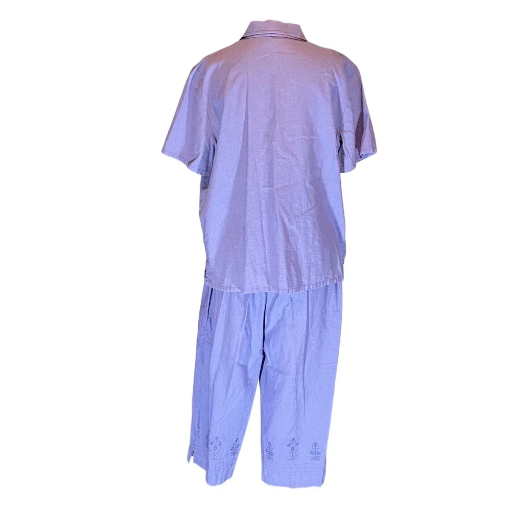 VTG Petite M Periwinkle Linen Blend Embroidered‎ Shirt and Pants Set Coastal Y2K